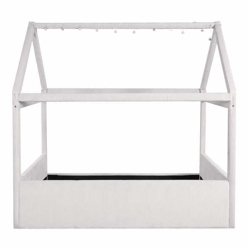 Full Size Upholstered Bed Frame Floor Daybed House Bed with House Roof LED Light Strips and Wood Slat Support for Childrens Room