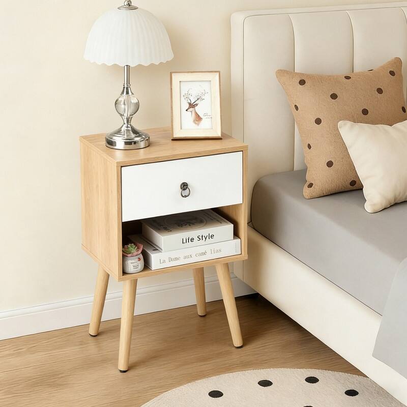 15.0" White & Oak Nightstand, P2 Particleboard & Solid Legs, Matte Melamine, Ring Handle, 1 Drawer - Oak