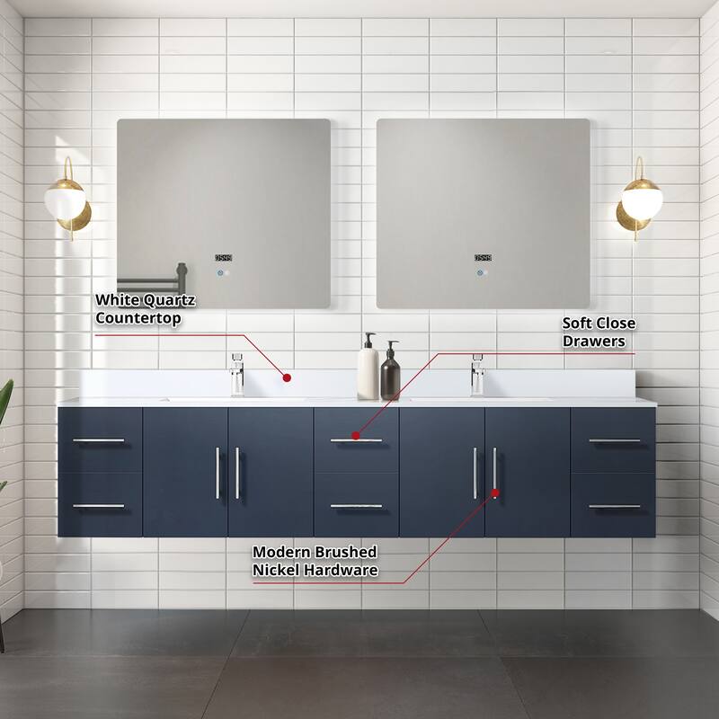 Geneva 84 in. W x 22 in. D Dark Grey Double Bath Vanity, White Quartz Top, and 36 in. LED Mirrors