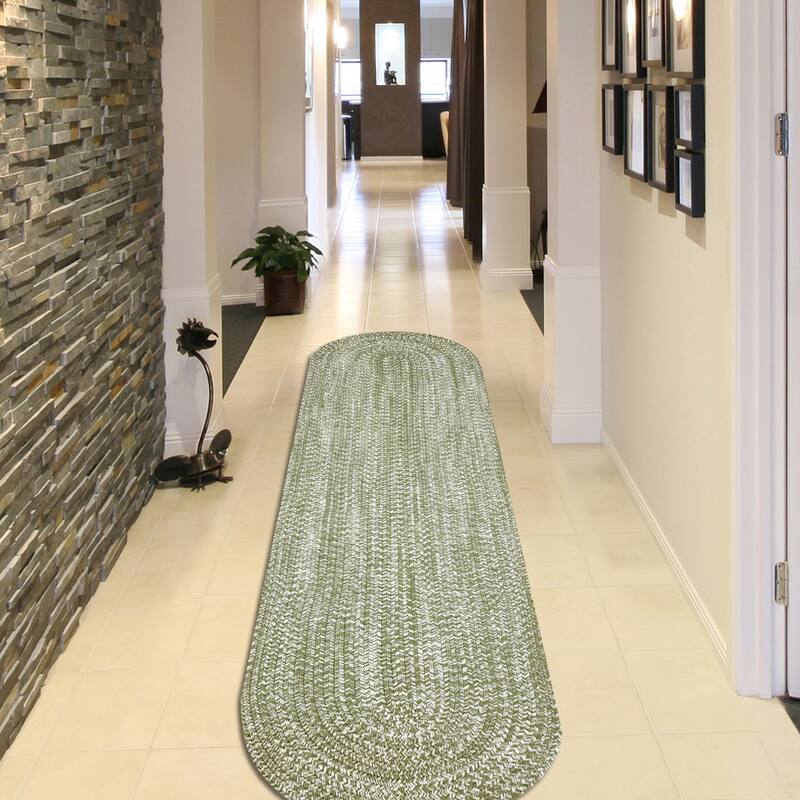 Superior Modern Rustic Bohemian Reversible Multi-Tone Braided Indoor Outdoor Area Rug - 2' x 8' Oval Runner - Fog Green-White