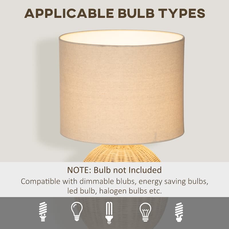 HOMCOM Nautical Style Table Lamp, Bedside Reading Light with White Fabric Lampshade and Rattan Base for E26 LED or Halogen Bulb