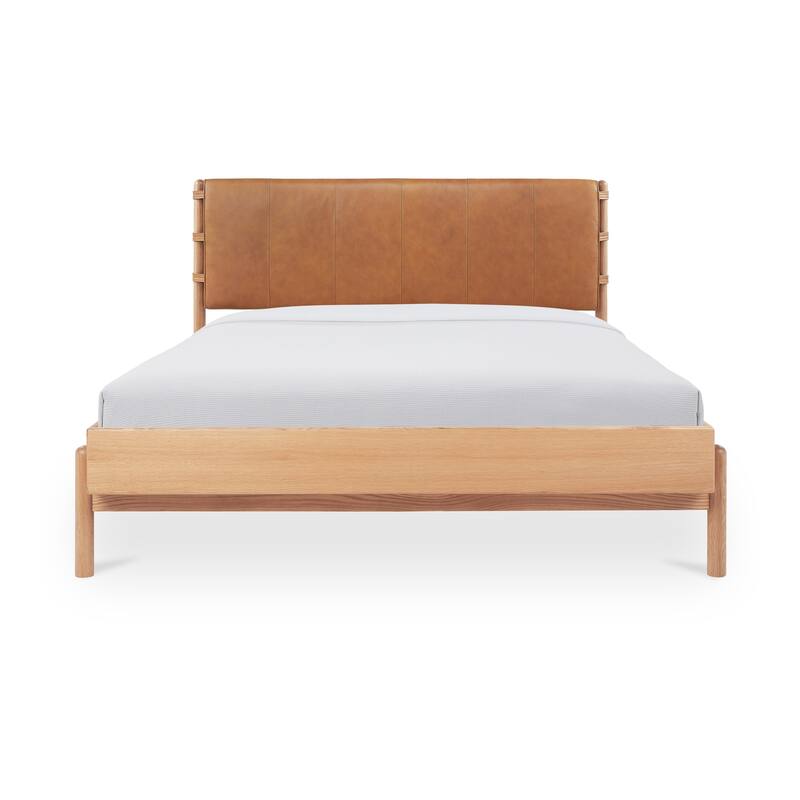 NADAAL STUDIOS Ever Queen Bed Frame, Top-Grain Leather Headboard, Solid Oak Legs, Oak Veneer Frame, Brown - Brown - Queen