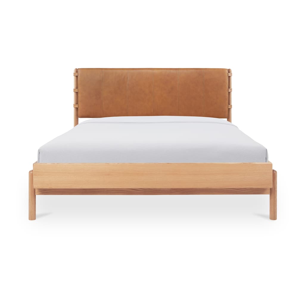 NADAAL STUDIOS Ever Queen Bed Frame, Top-Grain Leather Headboard, Solid Oak Legs, Oak Veneer Frame, Brown