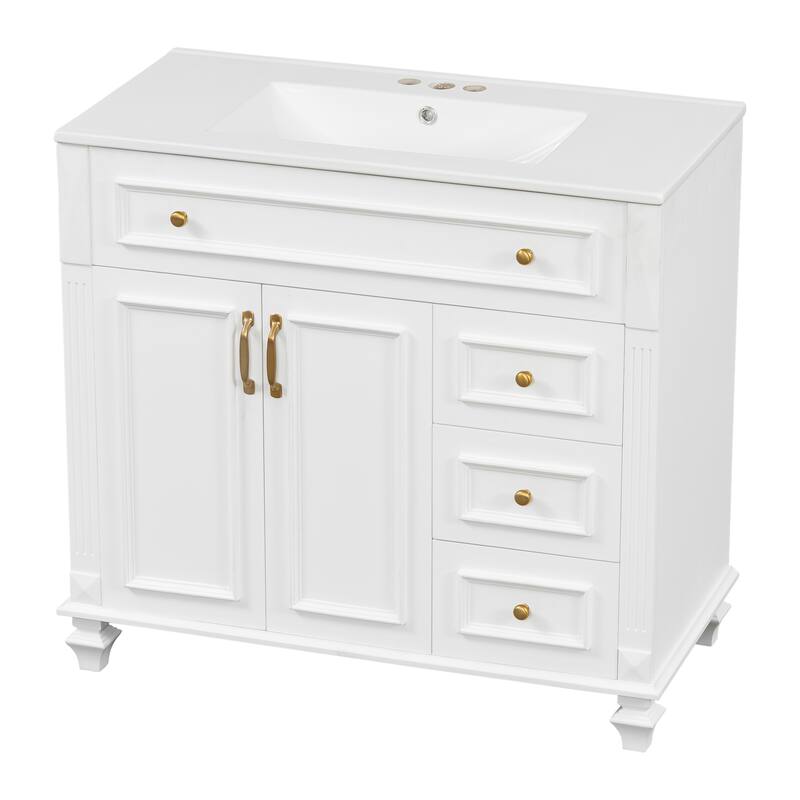 Roomfitters 36" Bathroom Vanity with Sink, Flip-Out Drawer, 3 Drawers, Soft-Close Doors, Solid Wood Cabinet