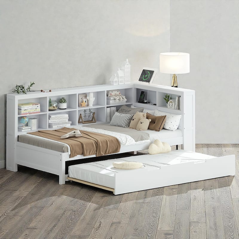 Twin/Full Wooden Daybed with Twin Trundle, Storage Shelf, USB Charging Ports, Slat Support, Space-Saving Design