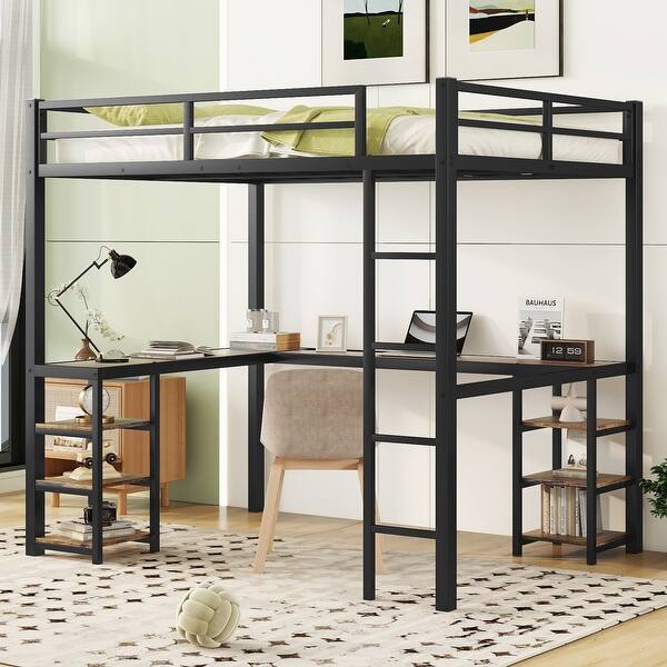 slide 2 of 12, Black Full Size Metal Loft Bed with Desk and Shelves, Ladder and Guardrails, Loft Bed Frame for Bedroom Black