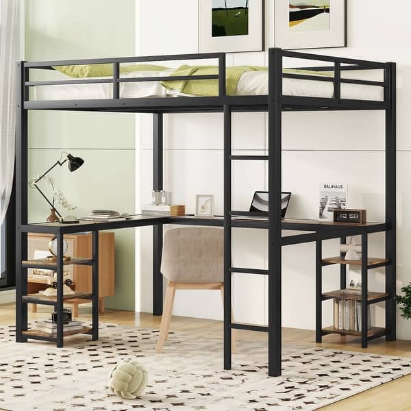 slide 2 of 12, Full Metal Loft Bed with Desk, Shelves & Guardrails Black