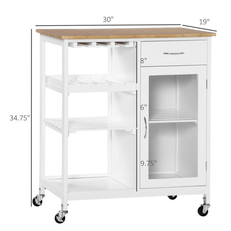 Rolling Kitchen Island with Storage, Kitchen cart with 4-bottle Wine Rack, Bar cart with Stemware Holder, Shelves