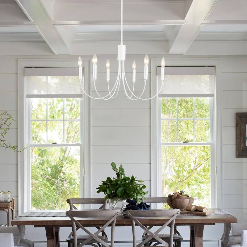 6-Light Modern Chandelier, Farmhouse Chandelier, Candle Style Chandelier for Dining Living Room Kitchen Island - 23.62"Dx8.86"H - Brightening White