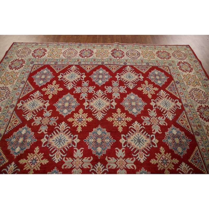 Red Geometric Kazak Oriental Area Rug Handmade Wool Carpet - 9'0" x 11'5"