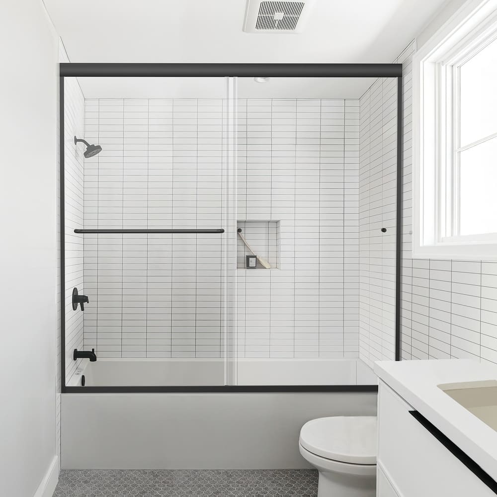 Matte Black Semi-Frameless Double-sliding Shower Door with Clear Glass - 60 in.Wx58 in.H