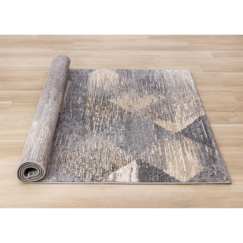 Grey Beige White Distressed Diamond Pattern Living Room Rug