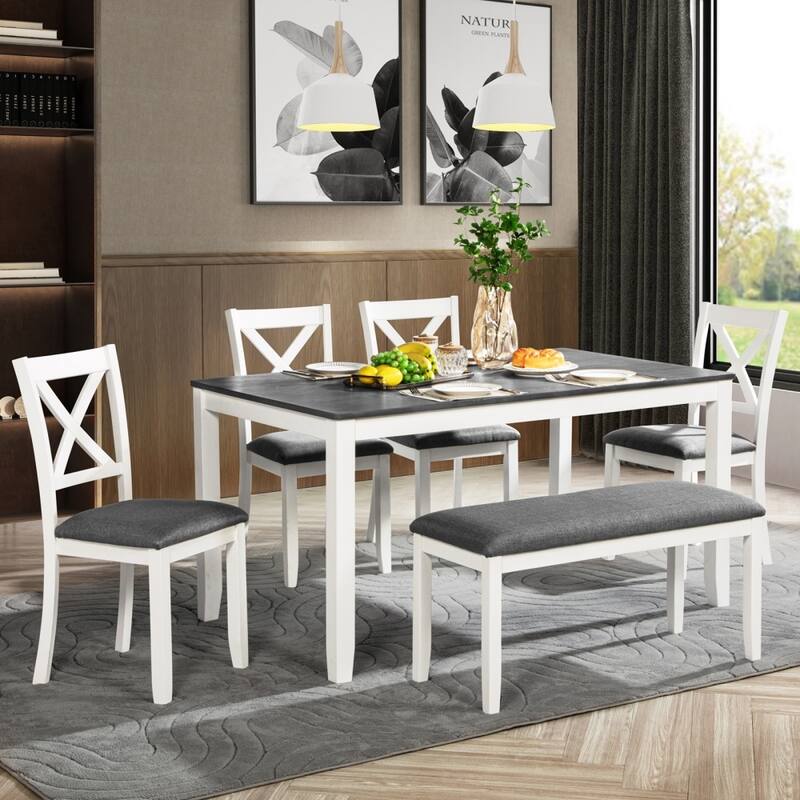 Modern 6-piece Wooden Dining Table Set with Bench and 4 Chairs - Grey
