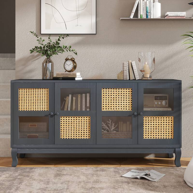4-Door Sideboard with Large Storage Space Artificial Rattan Doors and Transparent Glass, for Dining Room Living Room