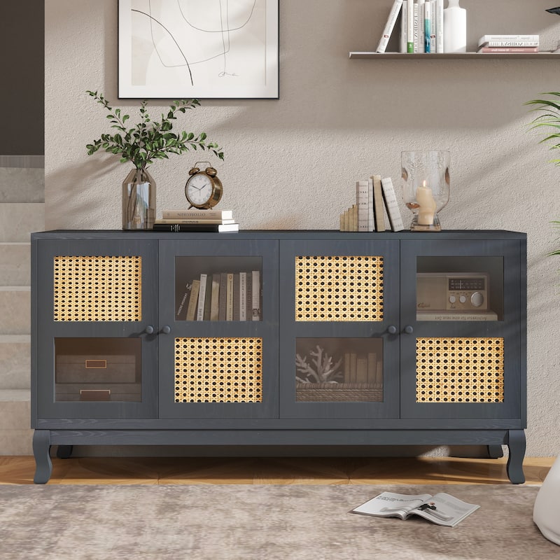 Sideboard Cabinet with Artificial Rattan Doors, Accent Cabinet with Adjustabel Shelves, Buffet Cabinet with Wooden Legs