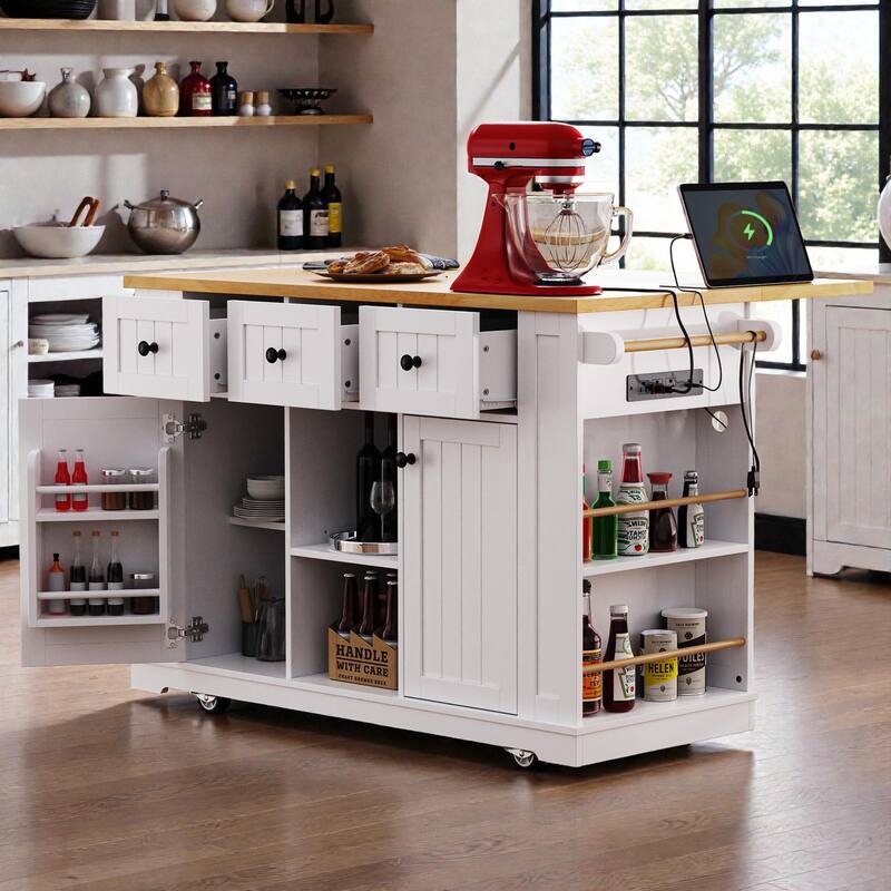 53" Large Kitchen Island with Drop Leaf, Power Outlet, Rolling Cart with Internal Door Racks, Wheels