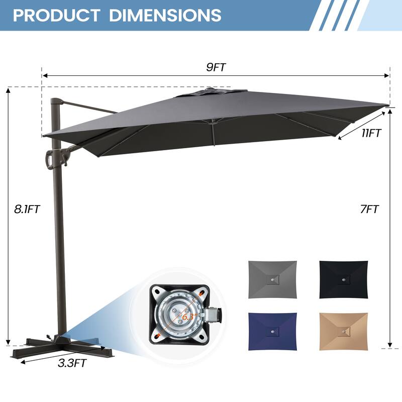11 x 9 FT Outdoor Aluminum Patio Offset Cantilever Umbrella with Base