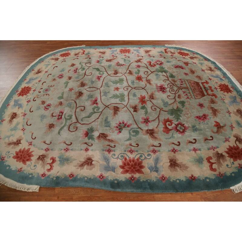 Hand Knotted Oriental 100% Wool Carpet Traditional Floral Green Art Deco Area Rug - 9' 8'' X 7' 11''