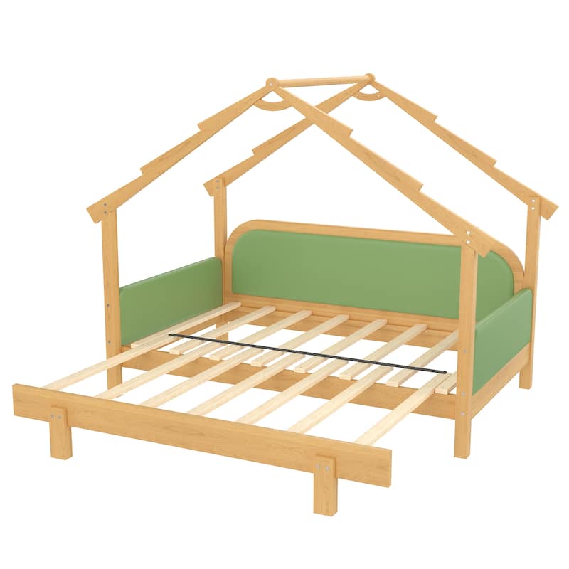 Twin Size Wood Treehouse bed with Soft Cushion Rails for Kids, Teens, Girls, Boys, Green
