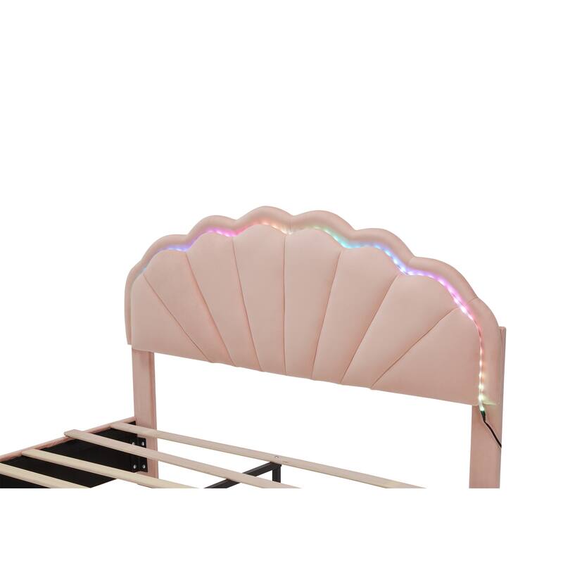 Full Size Platform Bed with LED Light Strips, Chic Double Petal Headboard, and Storage Drawers
