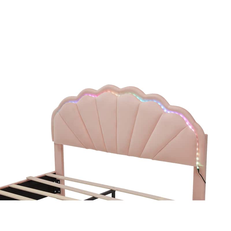 Full Size Upholstered Princess Bed, Smart LED Bed Frame with 2 Drawers, Velvet Fabric Platform Bed Frame with Petal Headboard