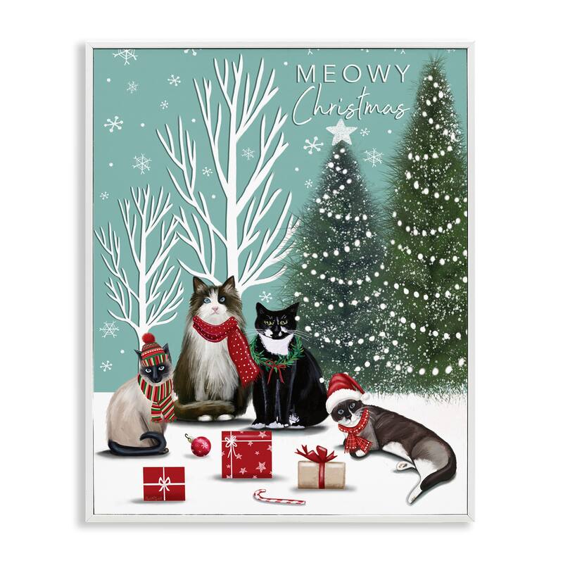 Stupell Festive Winter Cats Scene Framed Giclee Art Design By Elizabeth Tyndall - 11 x 14 - White