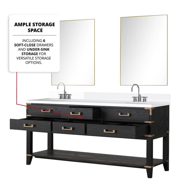 Norwalk 60 in W x 22 in D Black Oak Double Bath Vanity, White Quartz Top, and 28 in Mirrors