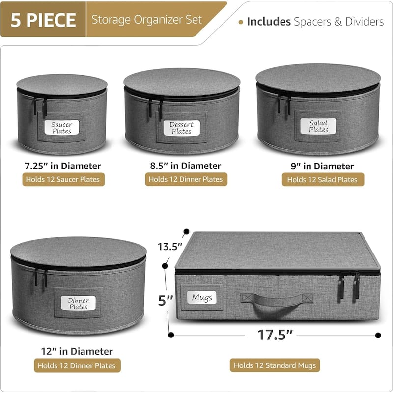 5-Piece China Dinnerware Storage Set - Grey