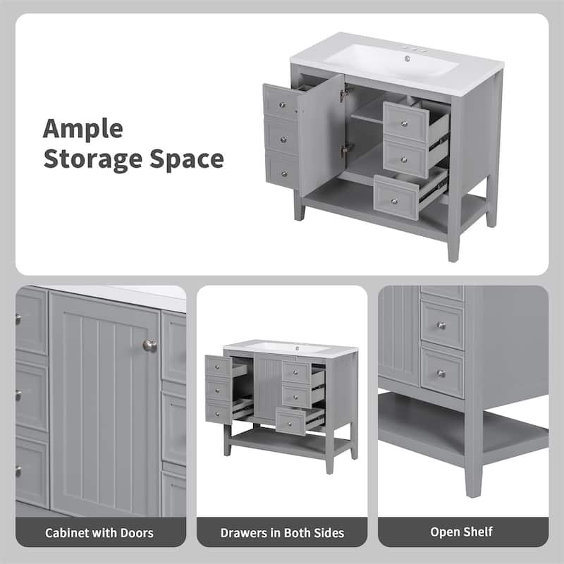 36" Bathroom Storage Wood Vanity Cabinet with Ceramic Sink and Shelf