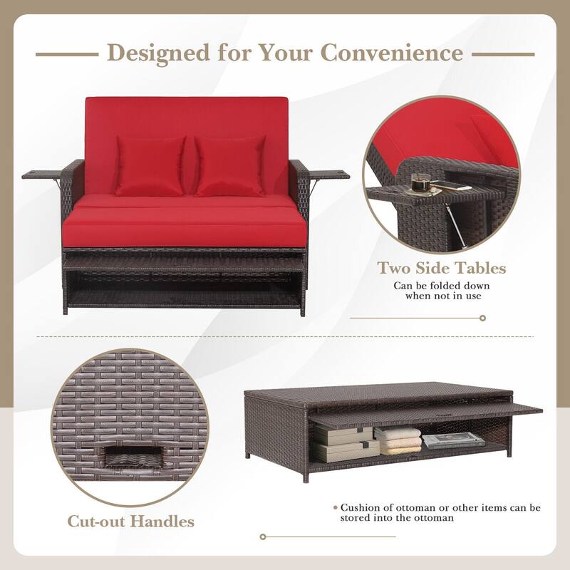Patio Rattan Daybed with 4-Level Adjustable Backrest and Retractable Side Tray - 31" x 67" x 36"