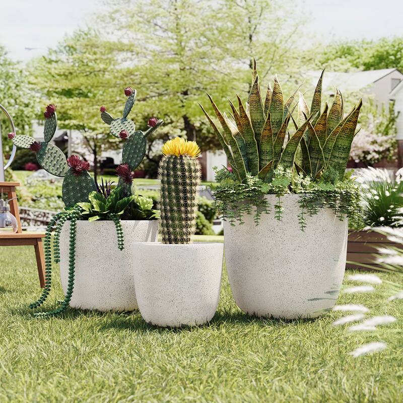 Lightweight Matte Textured MGO Flower Pot Set of 3,Round Concrete Stackable Planter with Drainage Holes and Rubber Plug