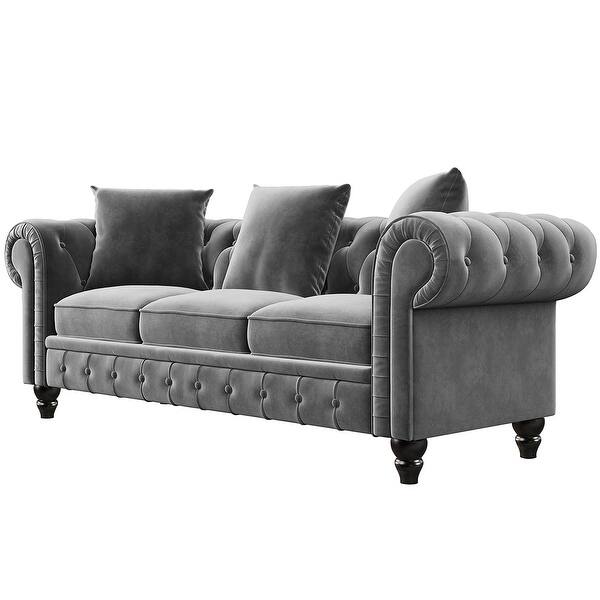 Shop Merax 3 Seat Chesterfield Sofa Velvet Upholstered Sofa Couch Roll Arm 3 Pillows Included Overstock 32465886