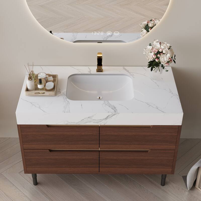 35.4" Farmhouse Floating Bathroom Vanity - Sintered Stone Top with Undermount Sink, 4 Drawers, Wall-Mounted