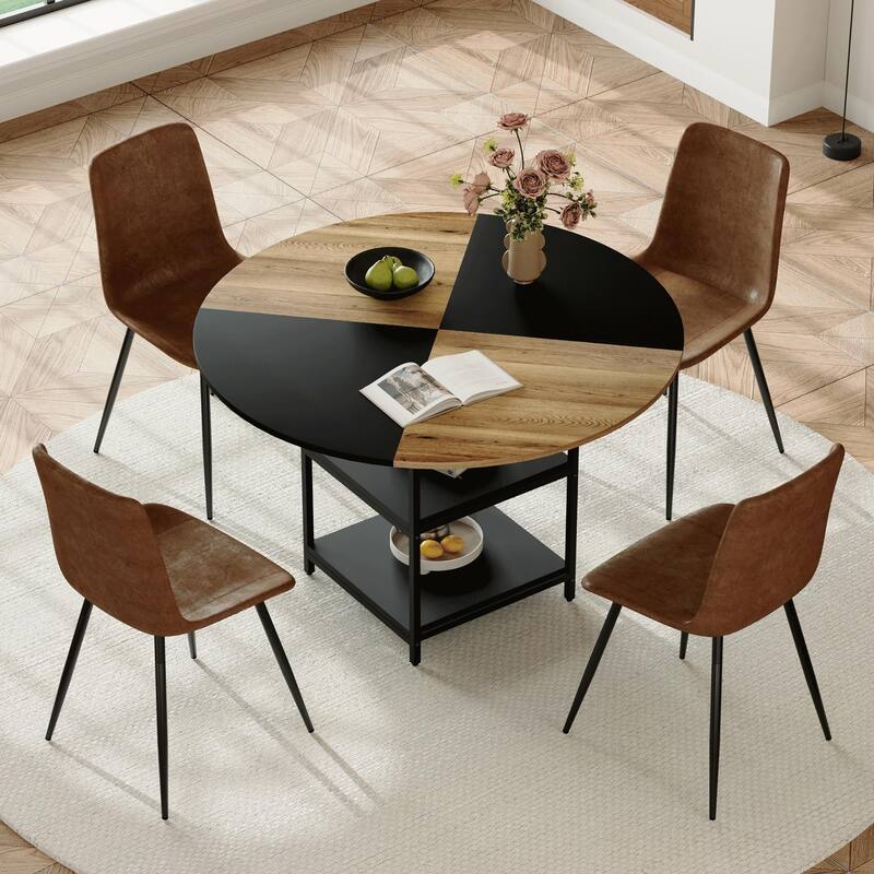 5-Piece Round Dining Table with Double Layer Storage, Wood and Black Fan Panels, Ergonomic Fabric Chairs, Anti-Slip Feet