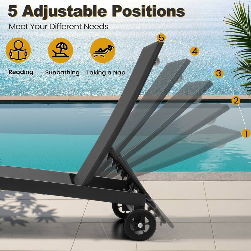 Outdoor Patio Aluminum 5-Position Adjustable Chaise lounge Chairs with Wheels