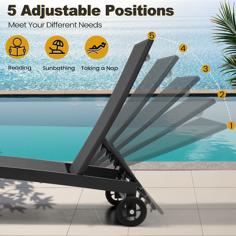 VredHom Outdoor Patio Aluminum Adjustable Chaise lounge Chairs with Wheels