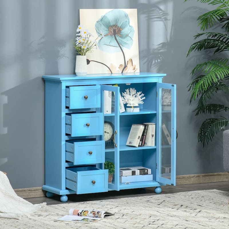 HOMCOM Storage Sideboard Cabinet with 4 Drawers and Glass Door Cupboard, Console Table for Living Room Dining Room Kitchen