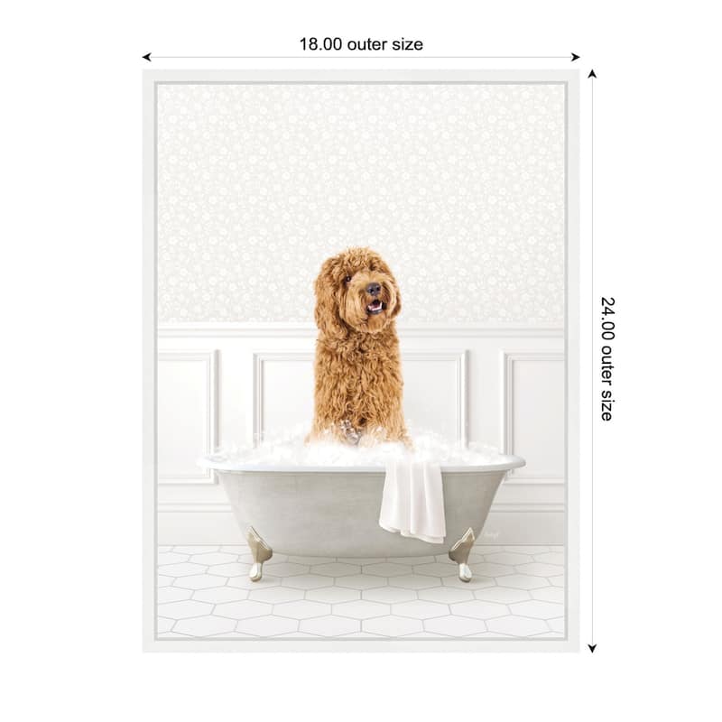 Kate and Laurel Sylvie Golden Doodle in White Bathtub Framed Canvas by Amy Peterson