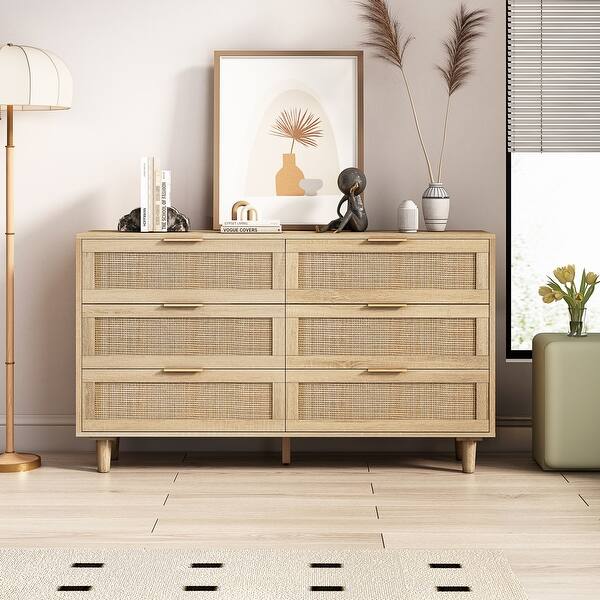 51"W Modern 6-Drawer Rattan Storage Cabinet Dresser - Bed Bath & Beyond ...