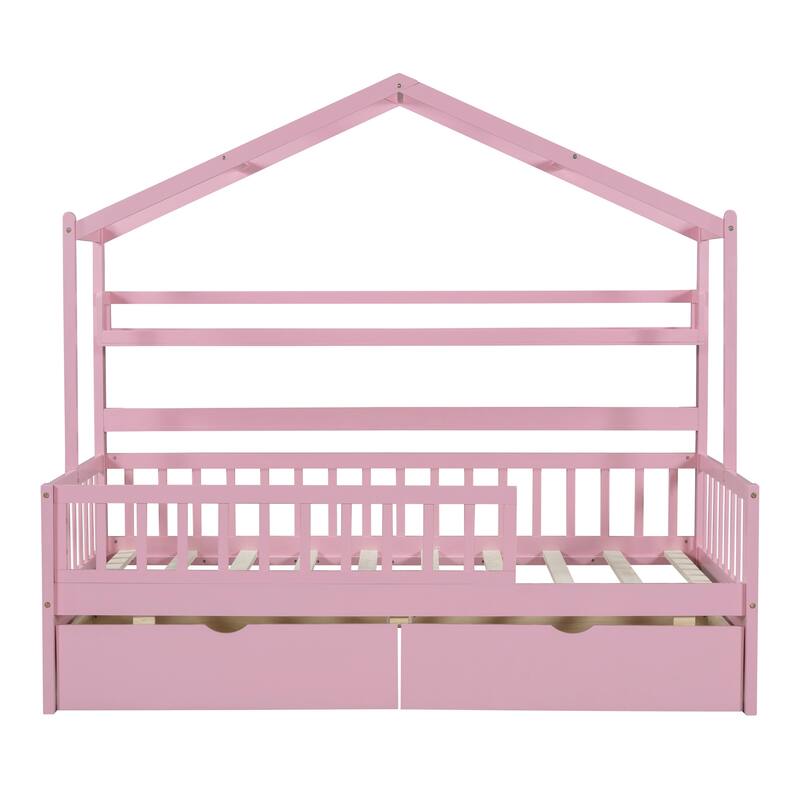 Wood House Bed with 2 Drawers, Kids Bed with Storage Shelf