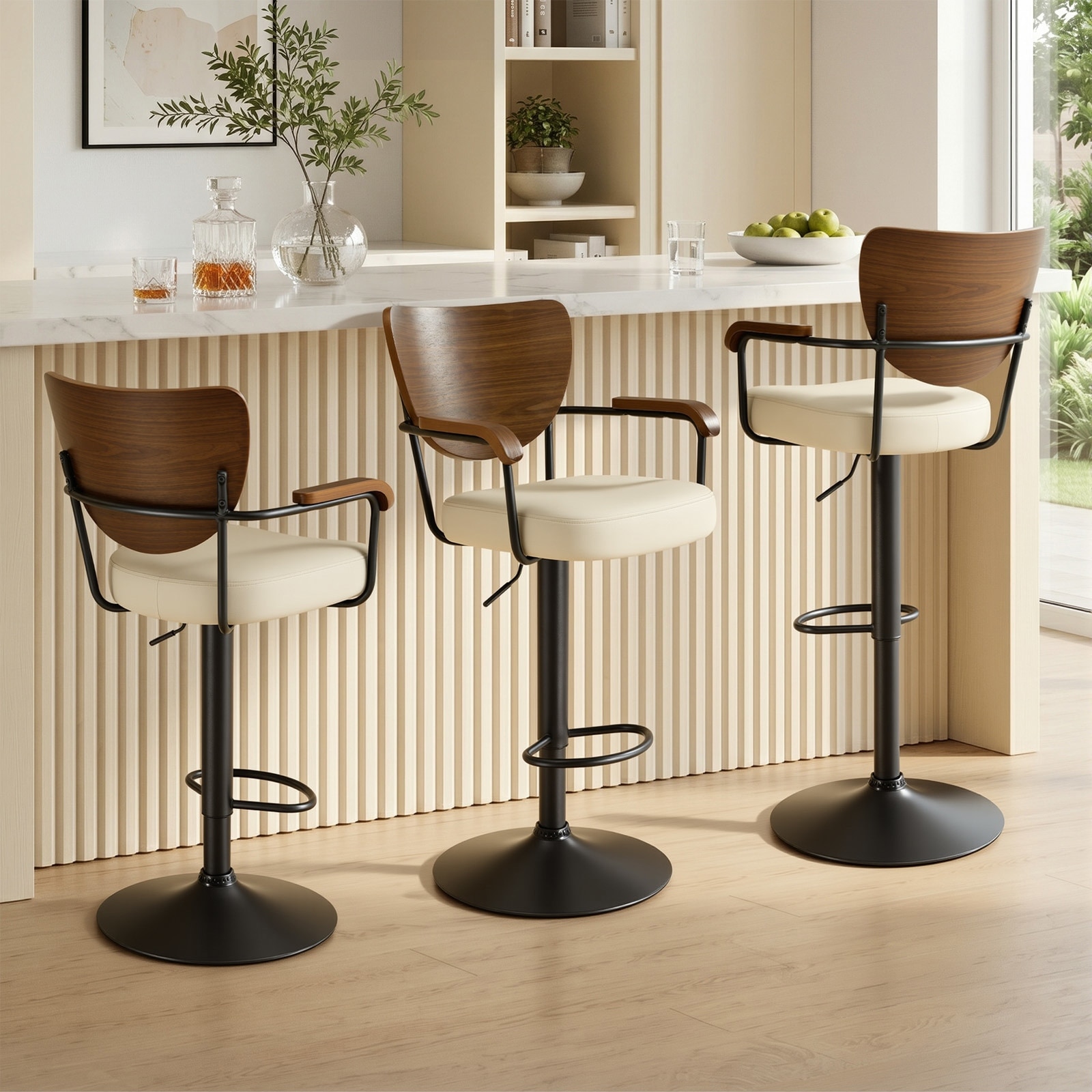 Adjustable Height Upholstered Swivel Bar Stool, Mid-century Modern Counter Stool with Curved Wood Back & Armrests