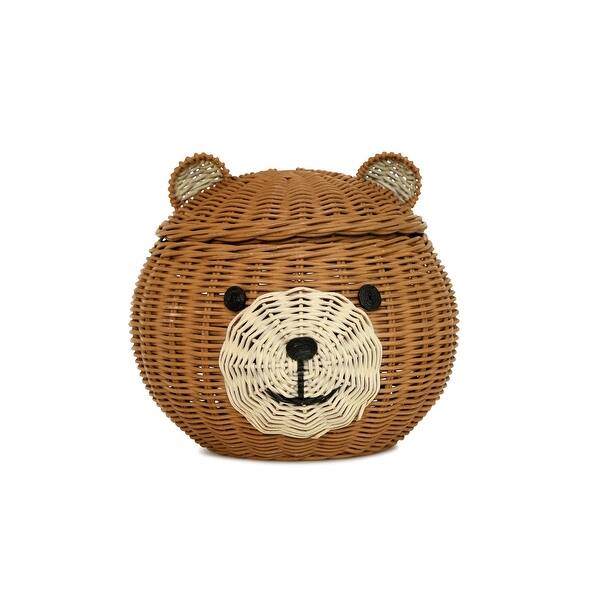 Bear Head Rattan Storage Basket with Lid Decorative Home Decor Hand Woven Shelf Organizer Cute Handmade Handcrafted Gift Artwork