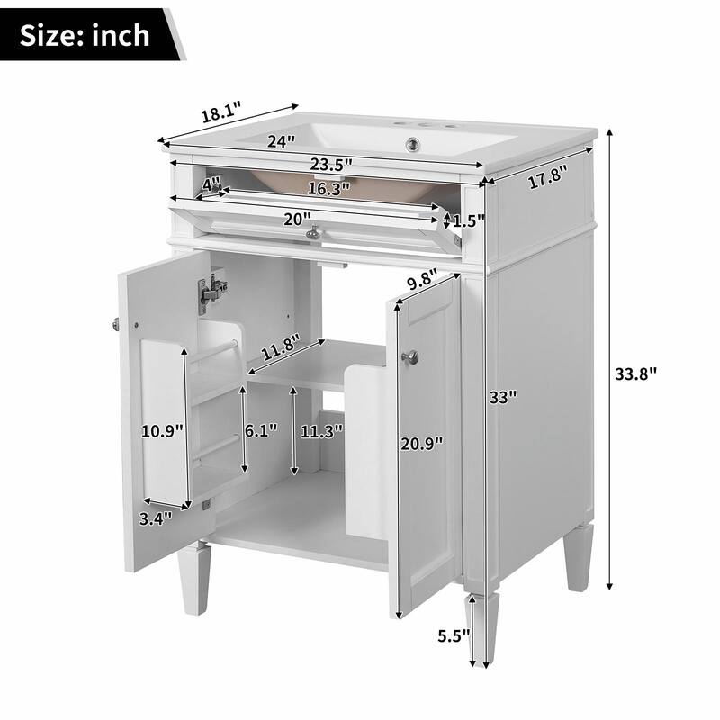 24" Bathroom Vanity with 2 Doors and Tip-Out Drawer - Bathroom Storage Cabinet with Sink