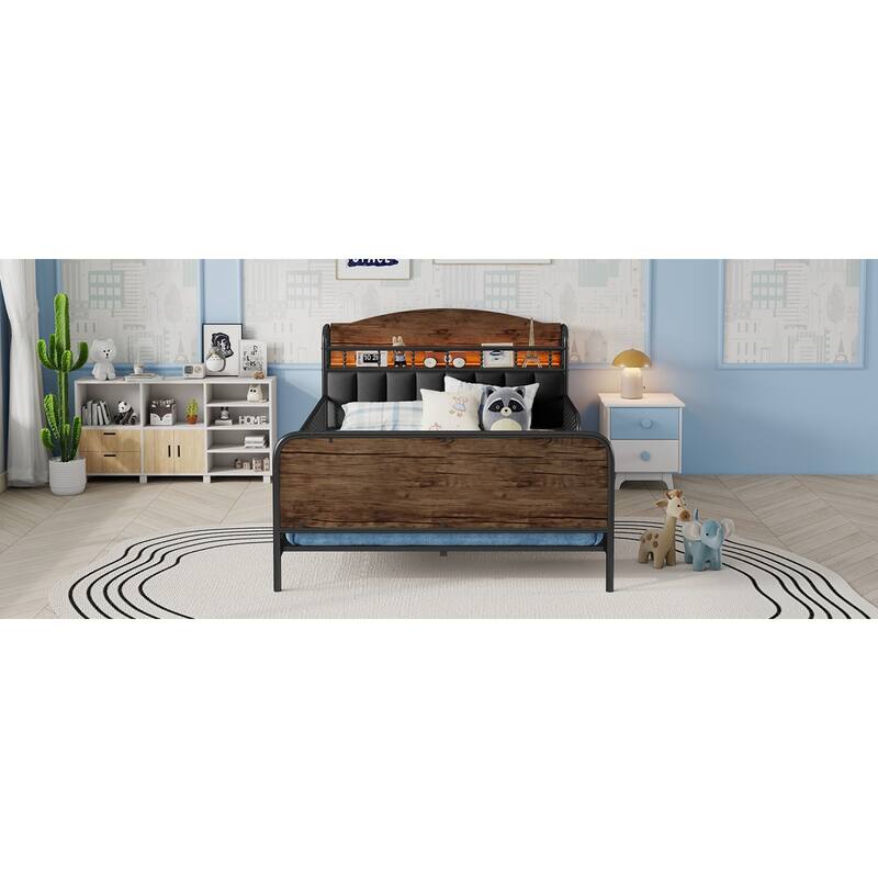 Roomfitters Twin/Full Metal Platform Bed, LED Storage Headboard and Guardrails with Metal Frame for Bedroom or Guest Room