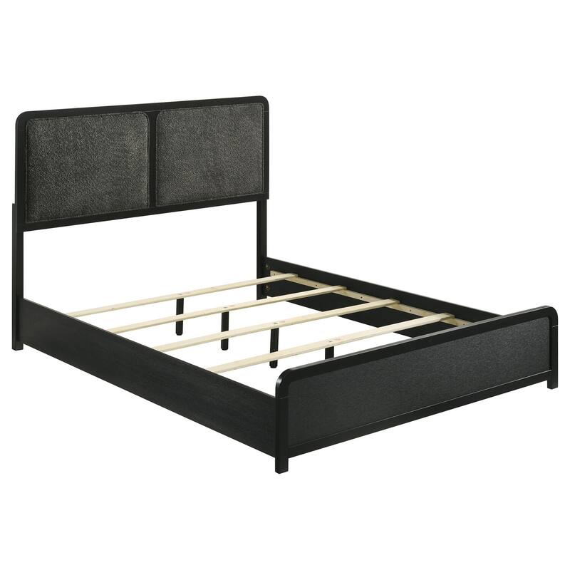 Black Upholstered Queen Bed with Tall Headboard, Low Footboard, and Rounded Corners for Modern Glam Look