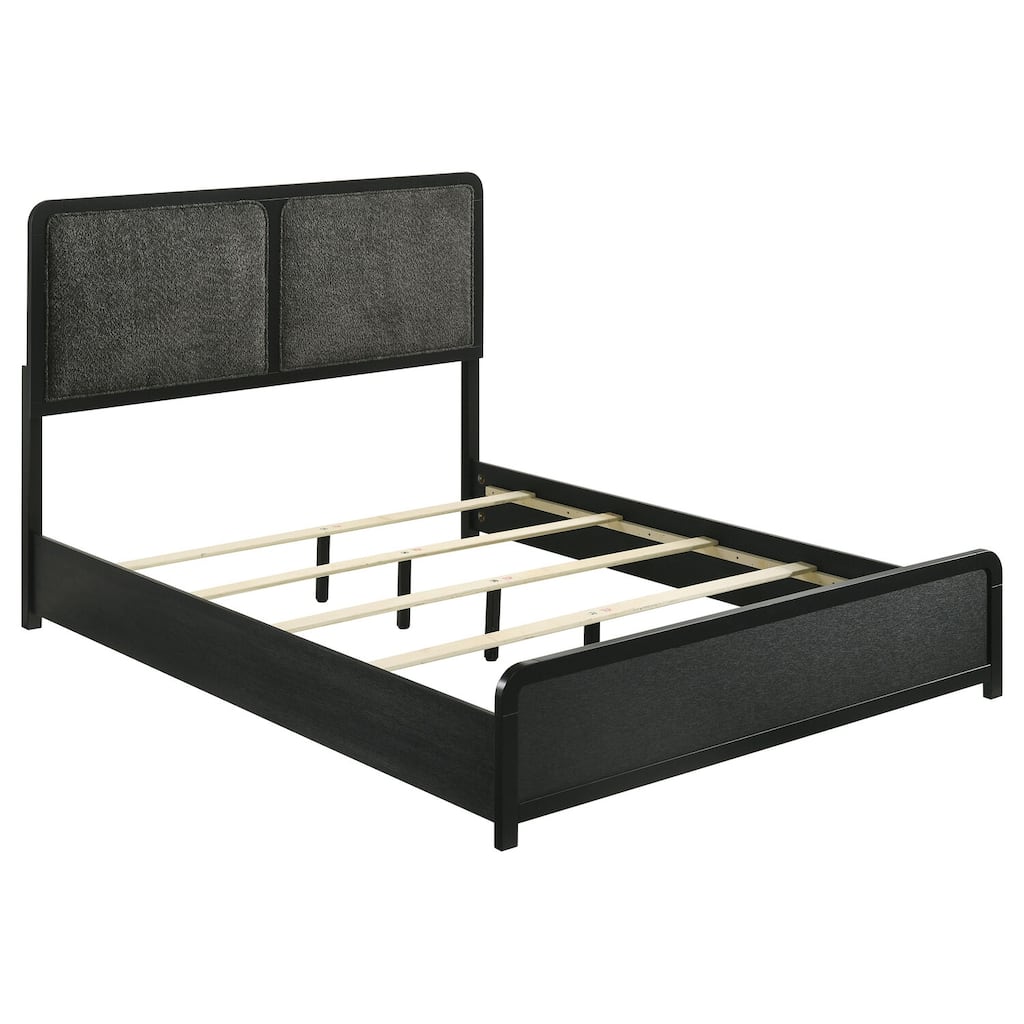 Black Upholstered Queen Bed with Tall Headboard, Low Footboard, and Rounded Corners for Modern Glam Look