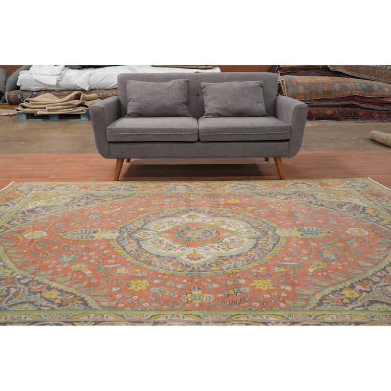 Hand Knotted Oriental 100% Wool Carpet Traditional Floral Oranges & Rust Tabriz Area Rug - 9' 5'' X 6' 5''