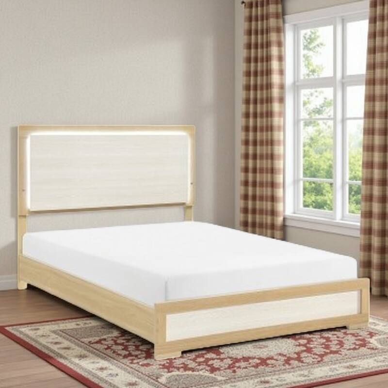 Twin Size Bed with LED Illuminated Panel Headboard, Natural and White Two-Tone Finish, Wooden Frame with Footboard and Rails - Queen Natural,White - Queen