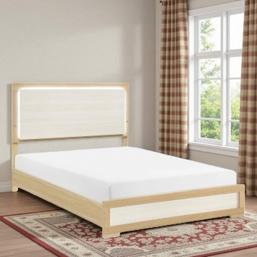 Twin Size Bed with LED Illuminated Panel Headboard, Natural and White Two-Tone Finish, Wooden Frame with Footboard and Rails