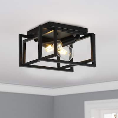 Industrial Black 2-Light Caged Shape Metal Ceiling Flush Mount